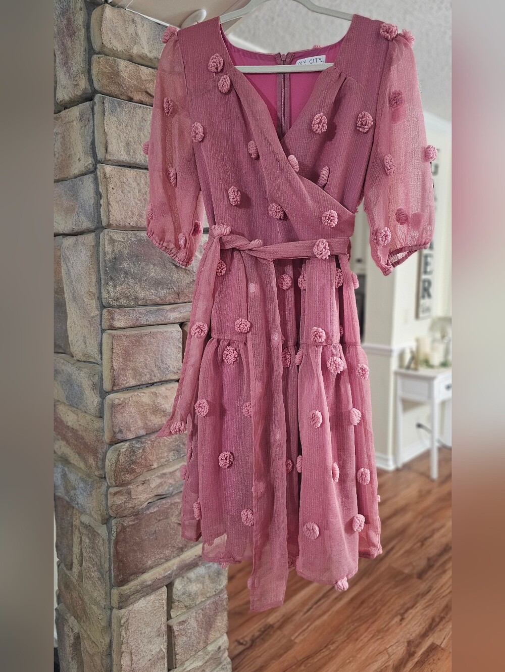 Ivy City Co Size Large Pink Textured Pom Wrap Midi Dress